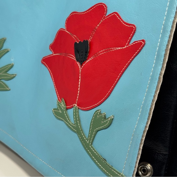 Queen Bee Creations- Chick Pea Blue and Black Shoulder Bag with Red Flower - Picture 13 of 16